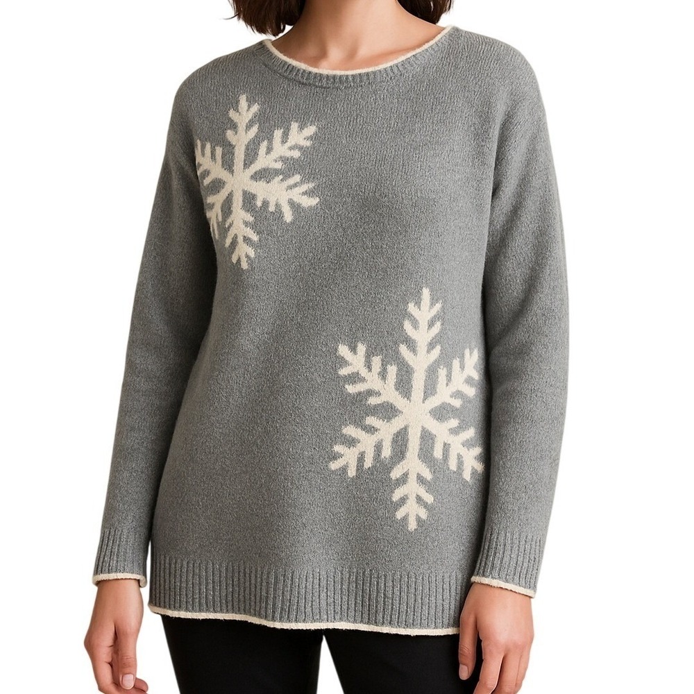 J Jill Womens Snowflake Sweater L Gray Pullover Knit Winter Cabincore Ski Lodge
